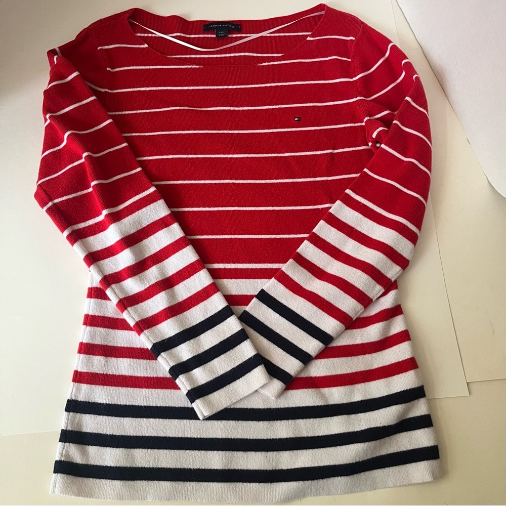 Tommy Hilfiger Women's Pullover Sweater Stripe Long Sleeve Boat Neck Sz L VGUC